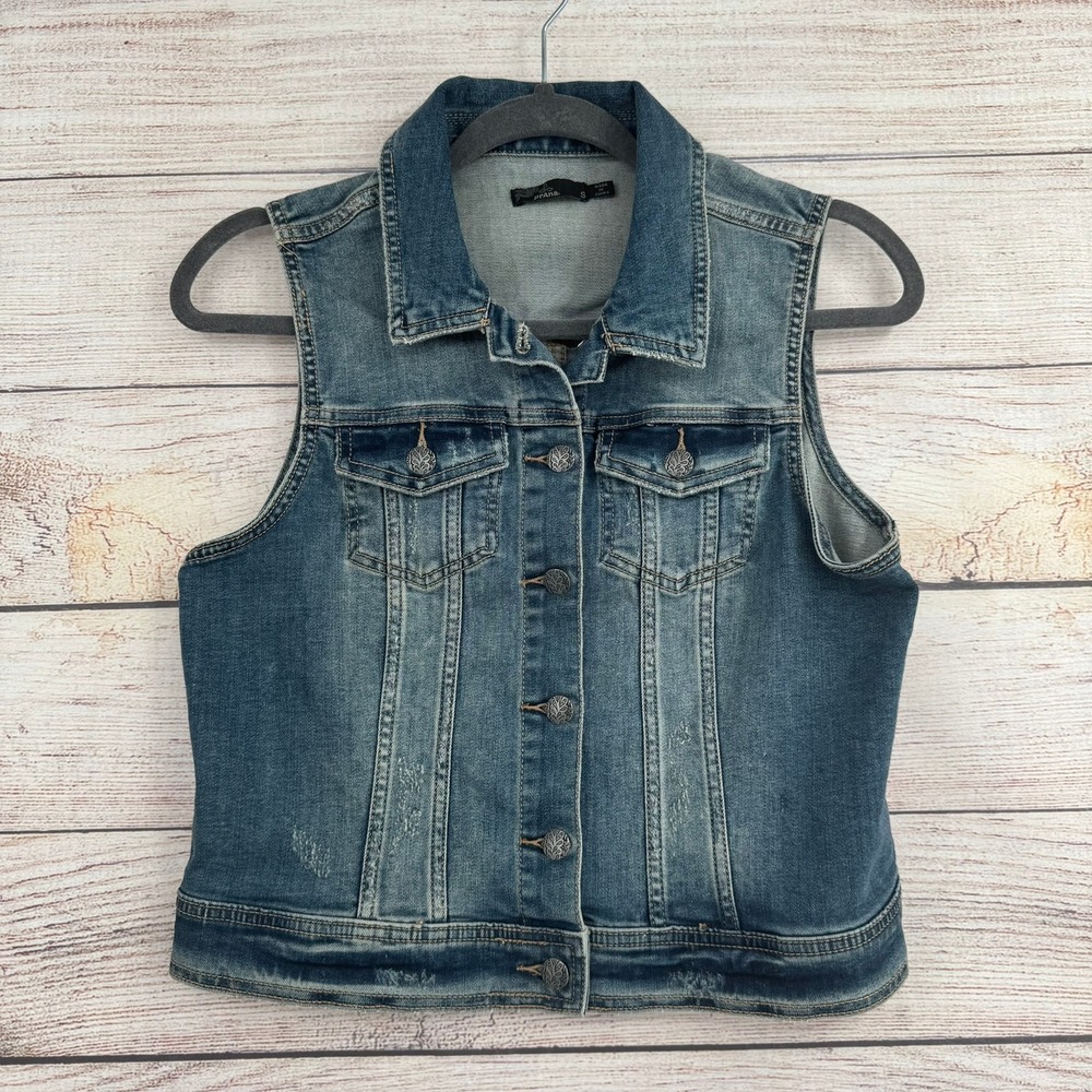 Prana Denim Vest Women S Blue Organic Cotton Distressed Button Front W11180394